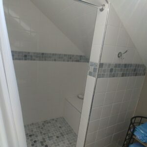 Modern white-tiled shower with a blue and gray mosaic accent strip and built-in shelf, under a sloped ceiling.