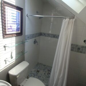 Modern renovated bathroom with white tiling, mosaic accents, tile shower, and a skylight.